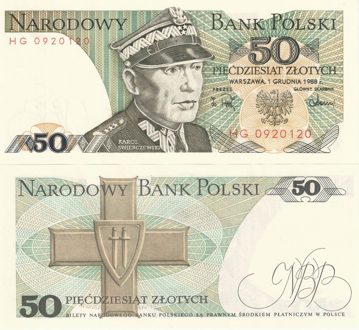 50 Polish Zloty banknote featuring Karol Świerczewski