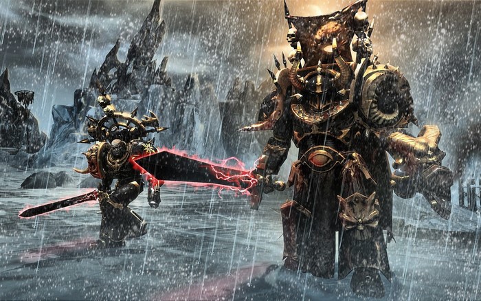 Two Chaos Space Marines from Warhammer 40,000 in the rain