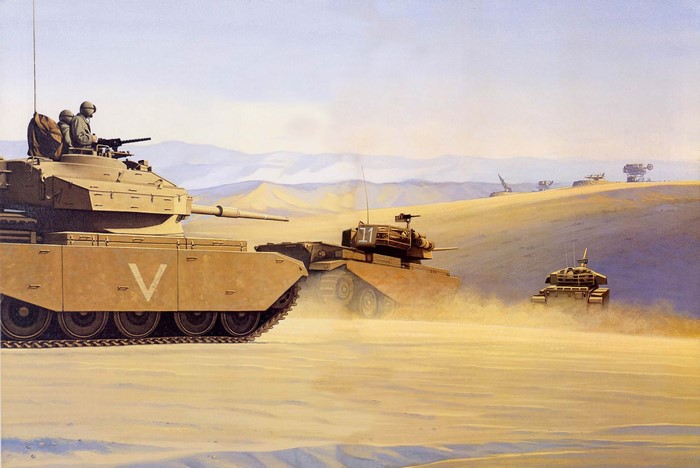 Tanks in a desert landscape