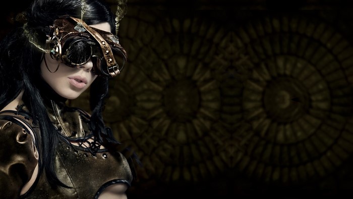 Steampunk woman wearing goggles and ornate armor