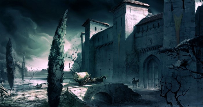 Assassin's Creed: A carriage and a horseman approach a castle.