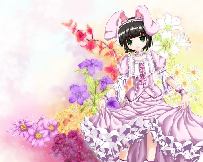 Girl with bunny ears in a pink dress