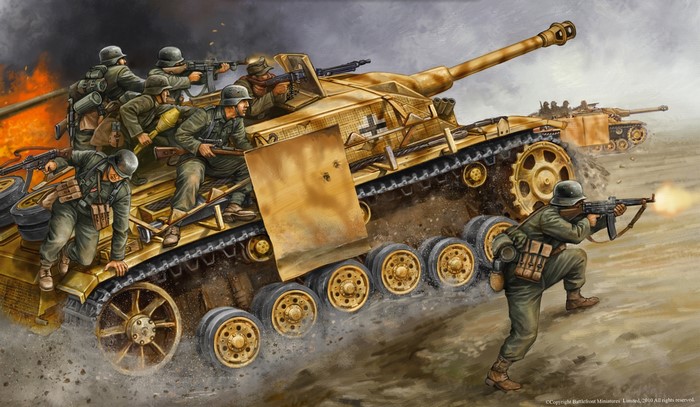 German soldiers on a tank during battle