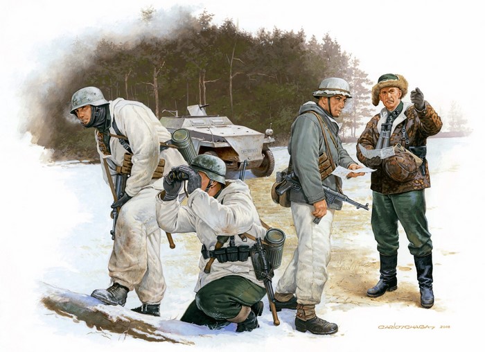 German soldiers in winter camouflage with armored vehicle