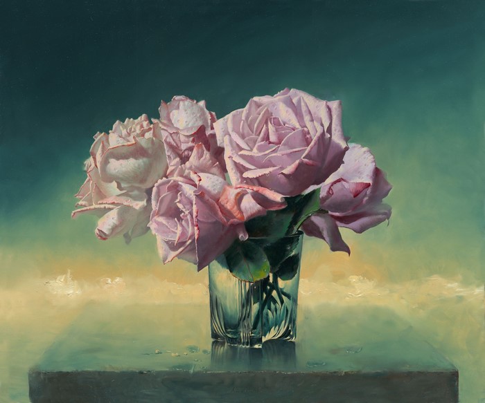 Pink roses in a glass vase by Alexei Antonov