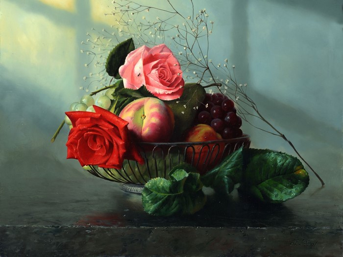 Still life with fruit and roses by Alexei Antonov