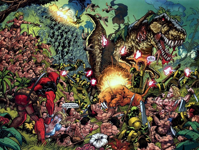 Deadpool and allies fighting dinosaurs and cavemen