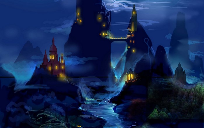 Fantasy castles on mountains at night
