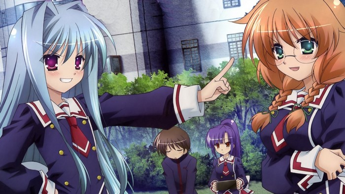 Anime girls in school uniforms in front of a building
