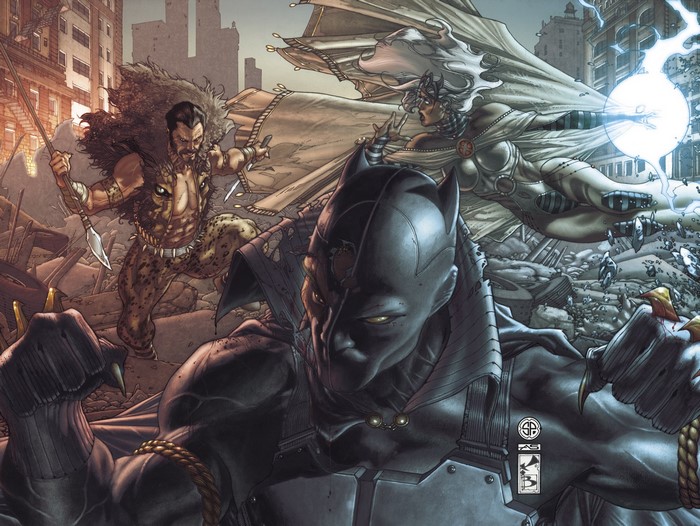 Black Panther, Kraven the Hunter, and Storm in a City