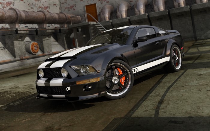 Black Ford Mustang GT with white stripes
