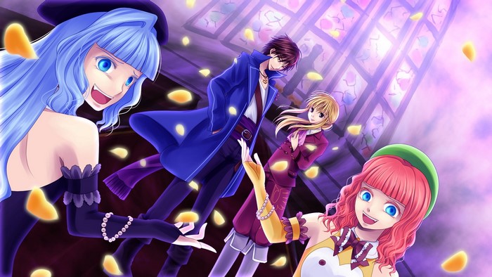 Umineko no Naku Koro ni: Four characters in a stained glass room