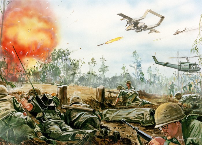 Soldiers in combat with aircraft and explosion