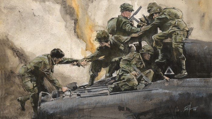 Painting of soldiers on a tank
