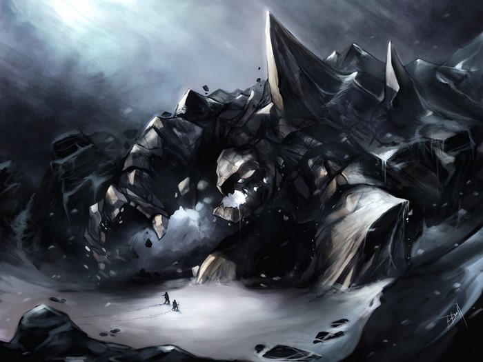 Giant rock monster in a snowy landscape