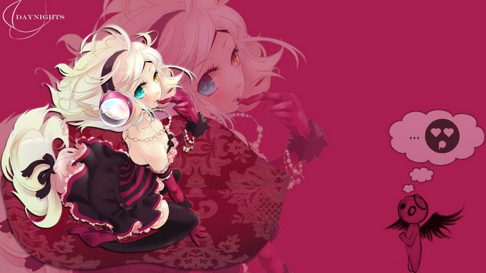 Anime girl with headphones and a thought bubble