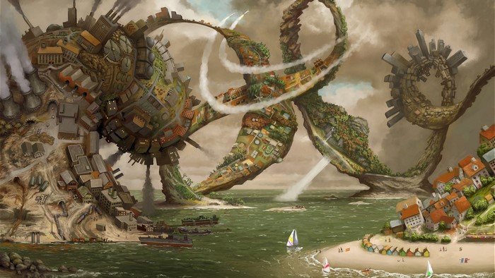 Fantastic world with floating islands and cities