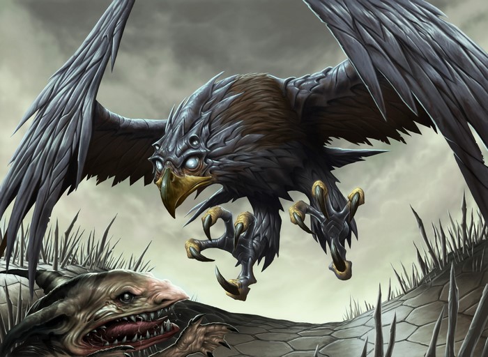 A monstrous bird attacks a goblin-like creature