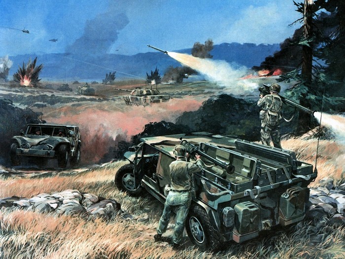 Military vehicles and soldiers in combat