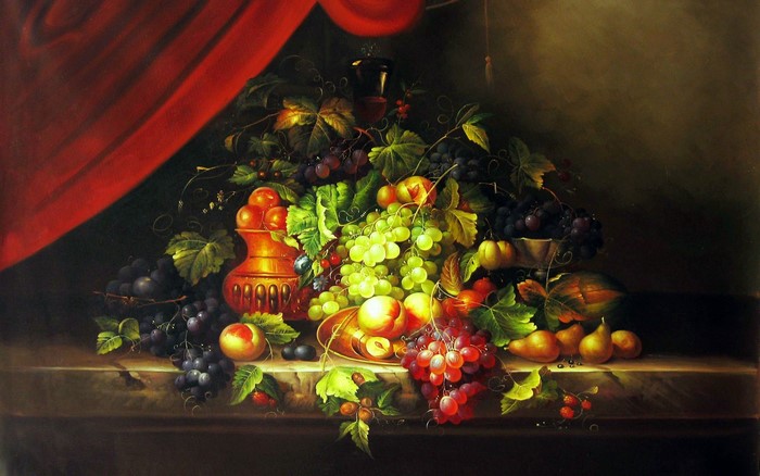 Still life painting of fruits and a vase