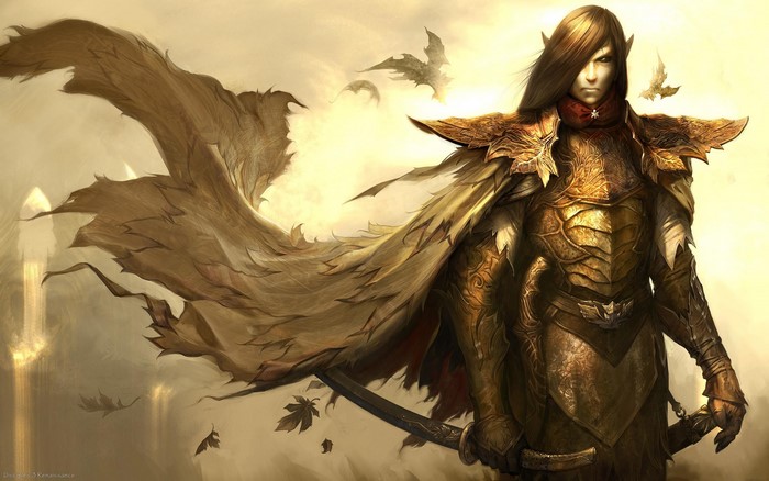 Elf warrior in golden armor with a flowing cape