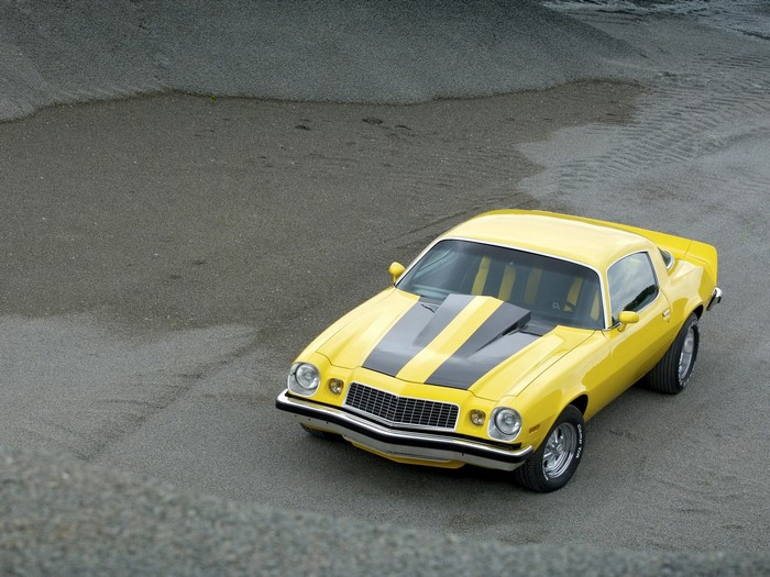 Yellow Chevrolet Camaro with black stripes