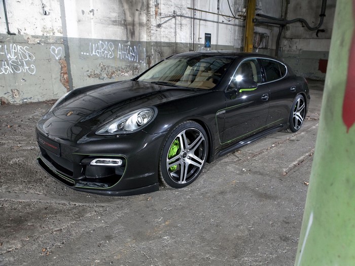 Black Porsche Panamera with green accents