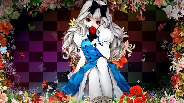Anime girl with white hair holding a red apple