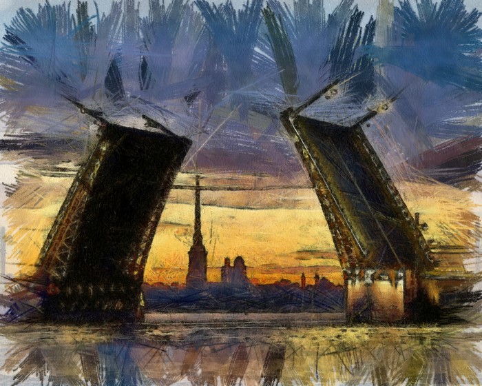 Drawbridge opening at sunset in St. Petersburg