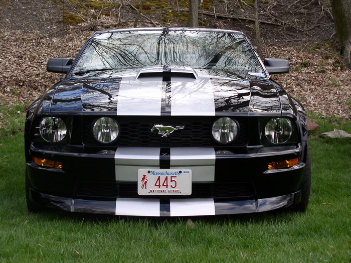 Black Ford Mustang with Silver Stripes