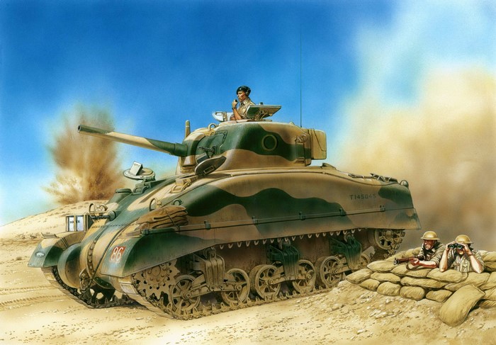 Sherman tank in desert combat with soldiers