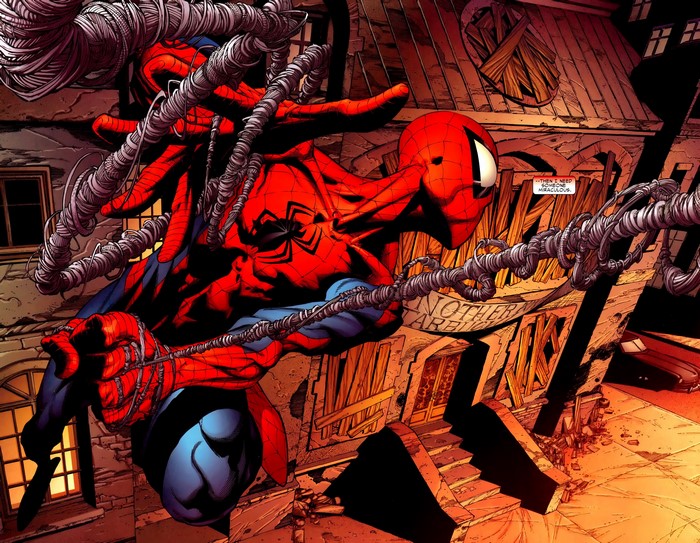 Spider-Man swinging through a damaged building
