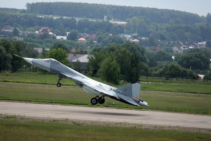 Sukhoi T-50 fighter jet taking off