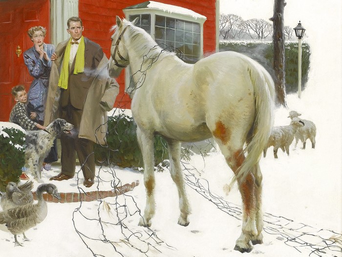 Family and animals encounter a horse in the snow