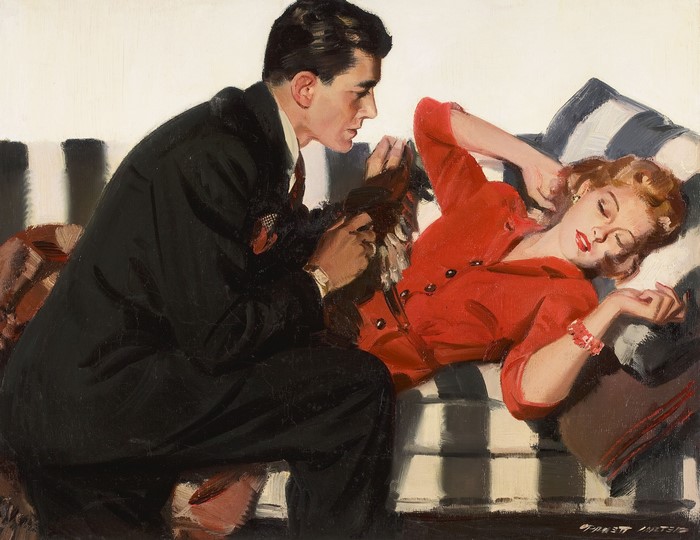 Man in suit looking at woman in red dress on couch