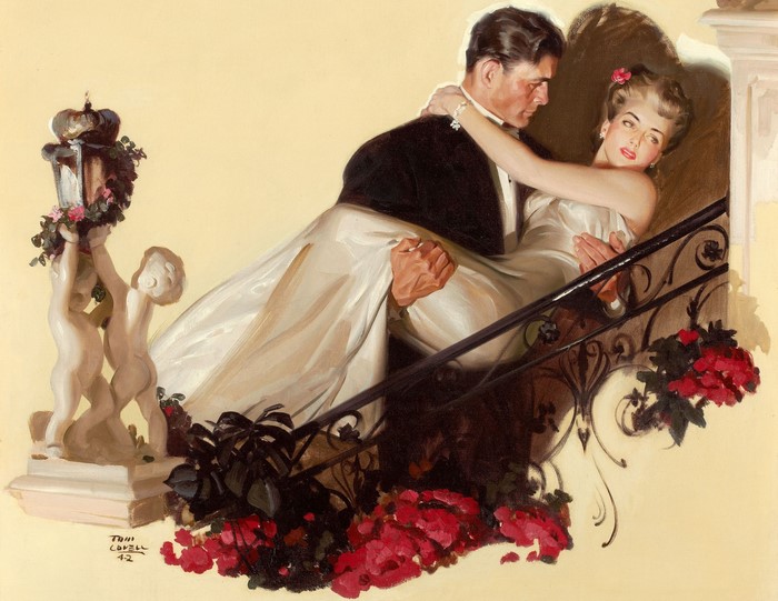 Man carrying woman on stairs, by Tom Lovell