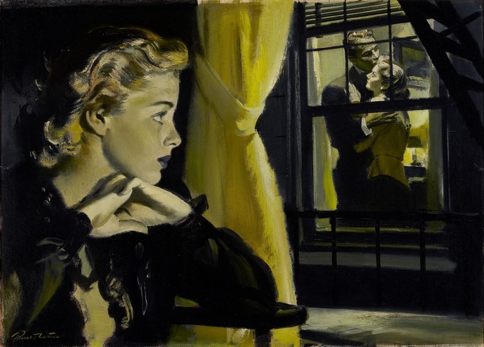 Woman looking out window at couple embracing