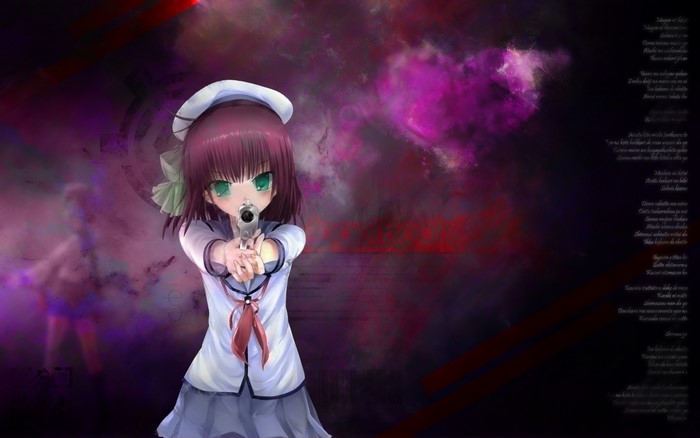 Kanade Tachibana from Angel Beats! holding a gun