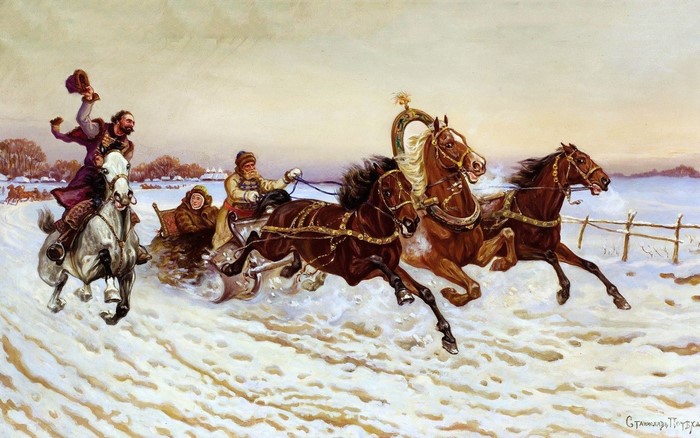 Sleigh race with horses in the snow