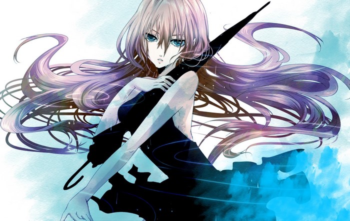 Hatsune Miku from Vocaloid holding a black umbrella
