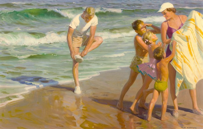 Tom Lovell painting of family at the beach