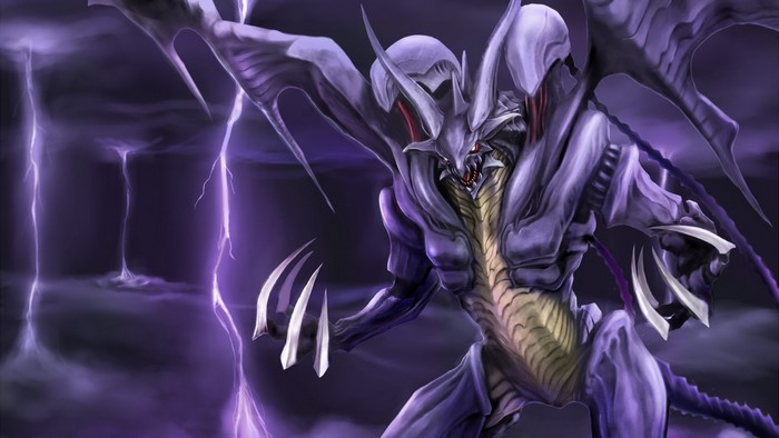 Monster with wings and claws in lightning storm