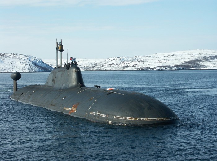 Russian submarine in a snowy bay