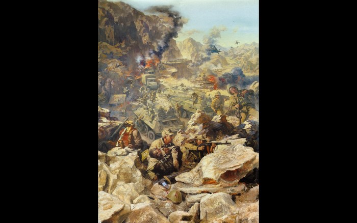 Painting of a battle scene with soldiers and vehicles