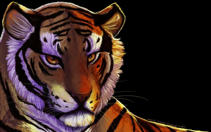 Painting of a tiger's face with purple and orange lighting