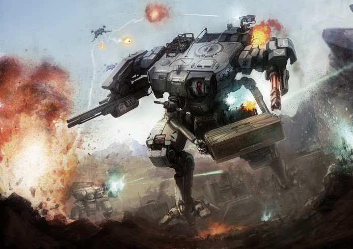 Giant mechs in combat with explosions and drones