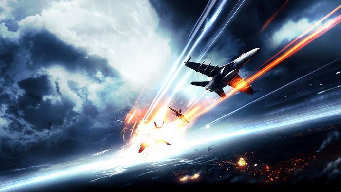 Fighter jets in aerial combat over a burning city