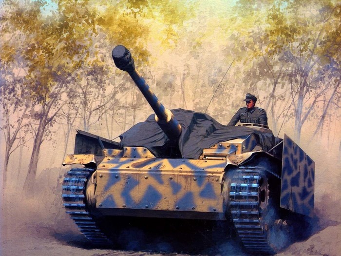 Painting of a German tank with a soldier in a forest