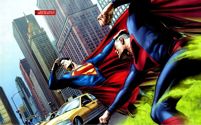 Superman fighting another Superman in a city