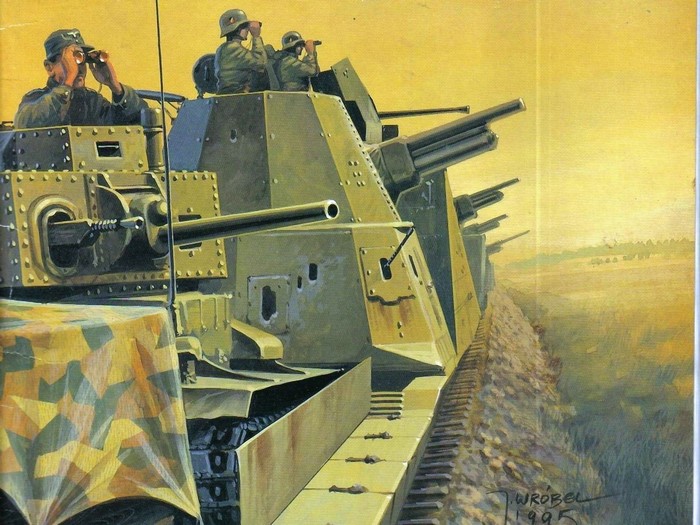 Painting of German armored train with soldiers
